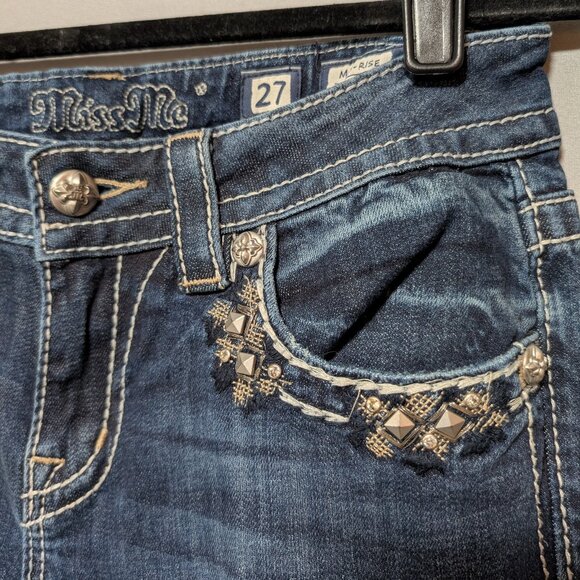 Miss Me Women's Medium Wash Mid-Rise Skinny Jeans Bling Embellished Size 27 - Picture 4 of 9